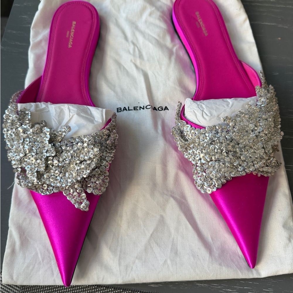Balenciaga Fuchsia Slash Knife Satin Mules - Picture 3 of 5